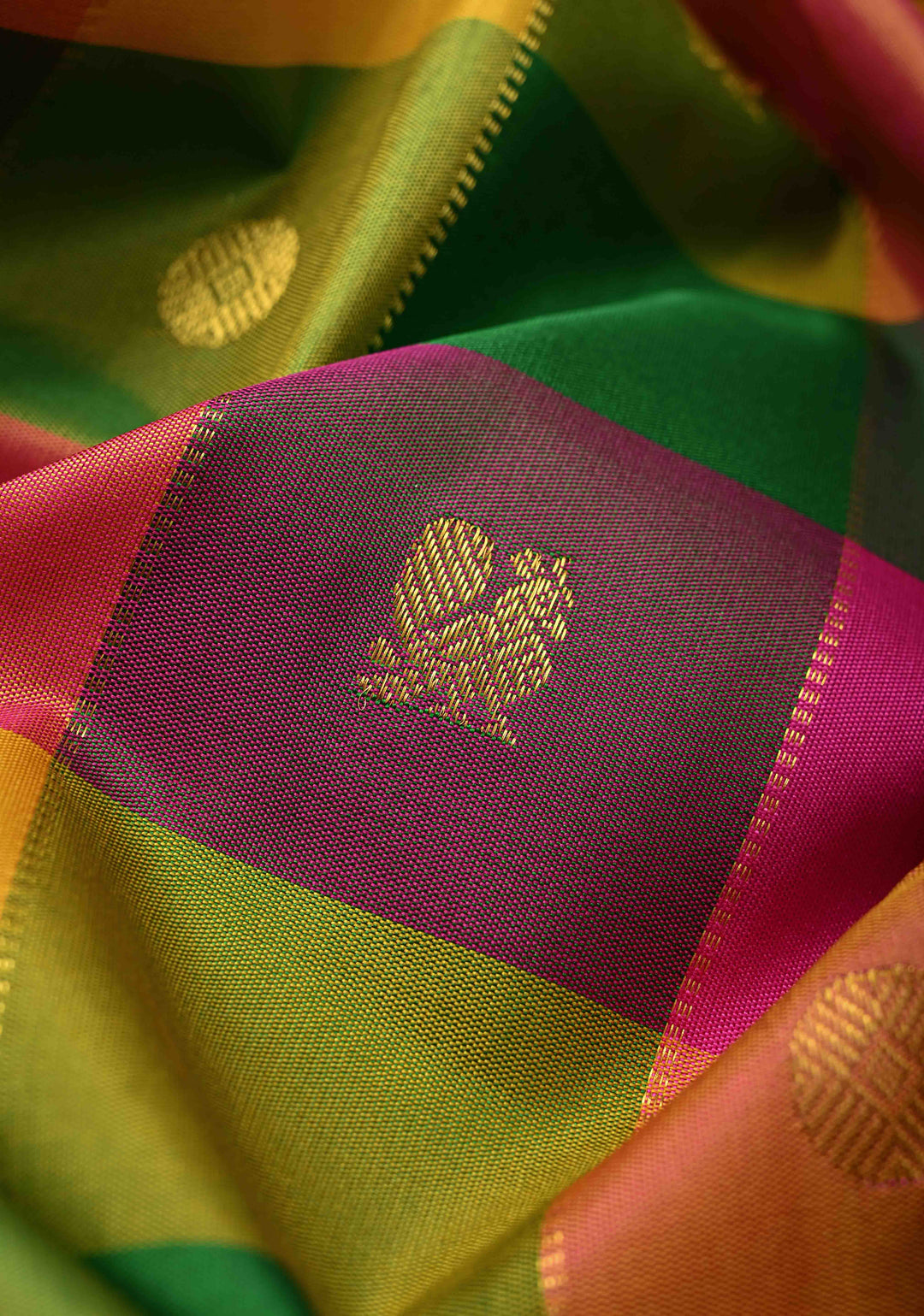 Multicolor Pallum Pazhamum Kanjivaram Silk Saree with Zari Buttas and Zari Border | SILK MARK CERTIFIED
