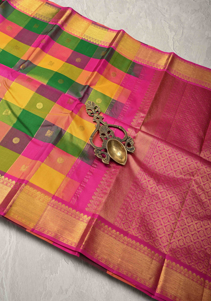 Multicolor Pallum Pazhamum Kanjivaram Silk Saree with Zari Buttas and Zari Border | SILK MARK CERTIFIED