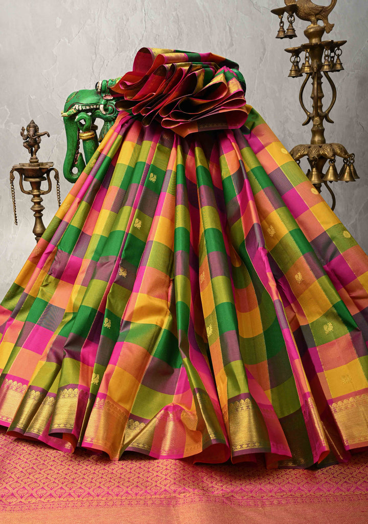 Multicolor Pallum Pazhamum Kanjivaram Silk Saree with Zari Buttas and Zari Border | SILK MARK CERTIFIED