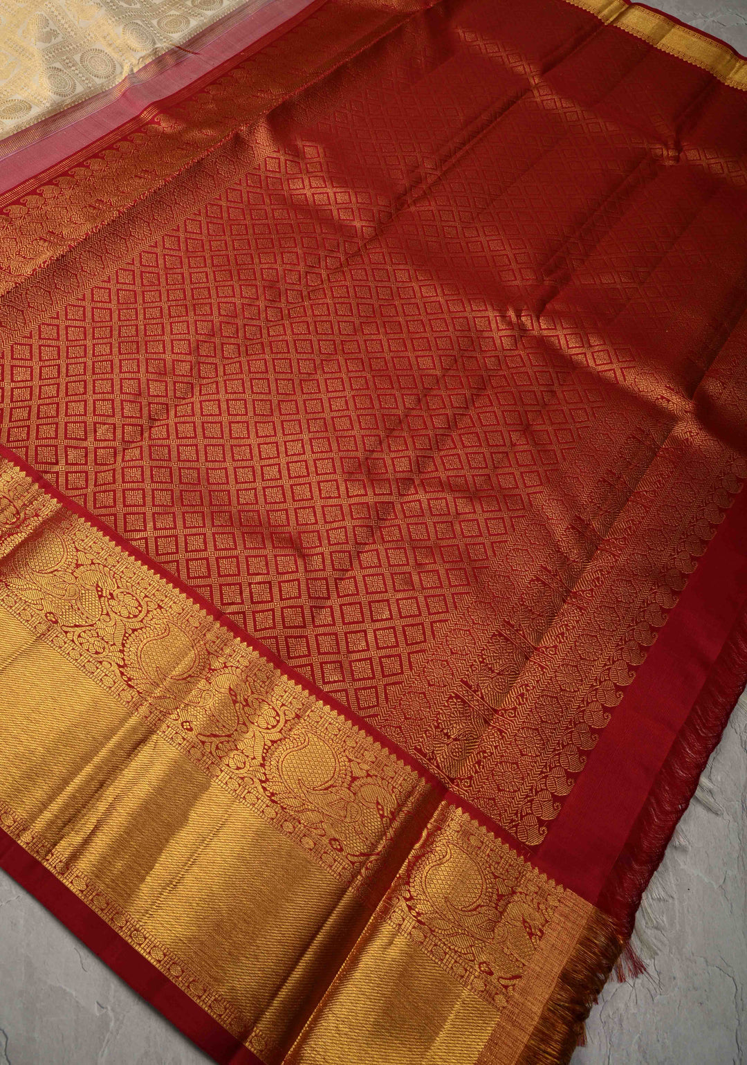 Korvai White Patola Design Brocade Kanjivaram Silk saree with Red Zari Border| SILK MARK CERTIFIED