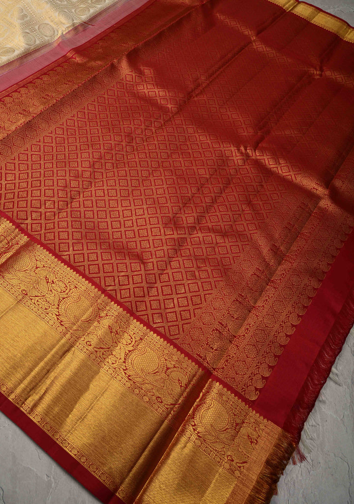 Korvai White Patola Design Brocade Kanjivaram Silk saree with Red Zari Border| SILK MARK CERTIFIED