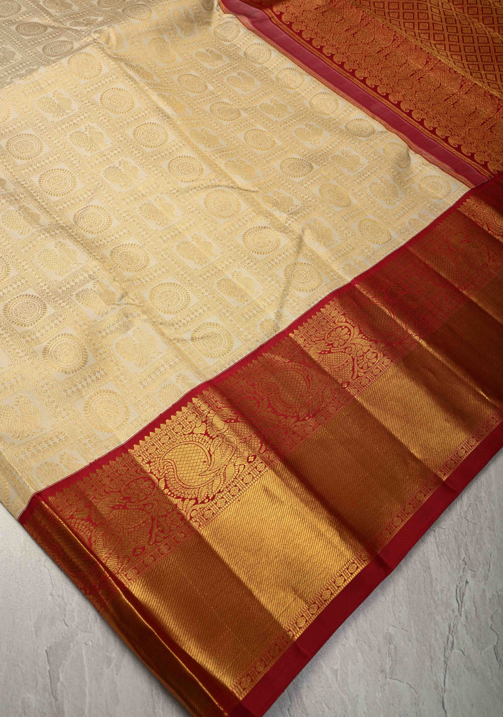 Korvai White Patola Design Brocade Kanjivaram Silk saree with Red Zari Border| SILK MARK CERTIFIED