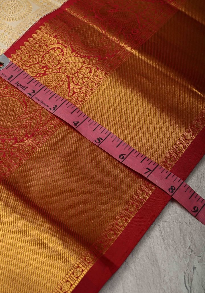 Korvai White Patola Design Brocade Kanjivaram Silk saree with Red Zari Border| SILK MARK CERTIFIED