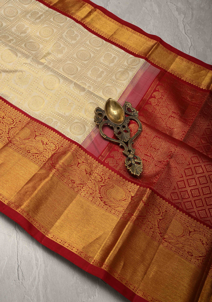 Korvai White Patola Design Brocade Kanjivaram Silk saree with Red Zari Border| SILK MARK CERTIFIED