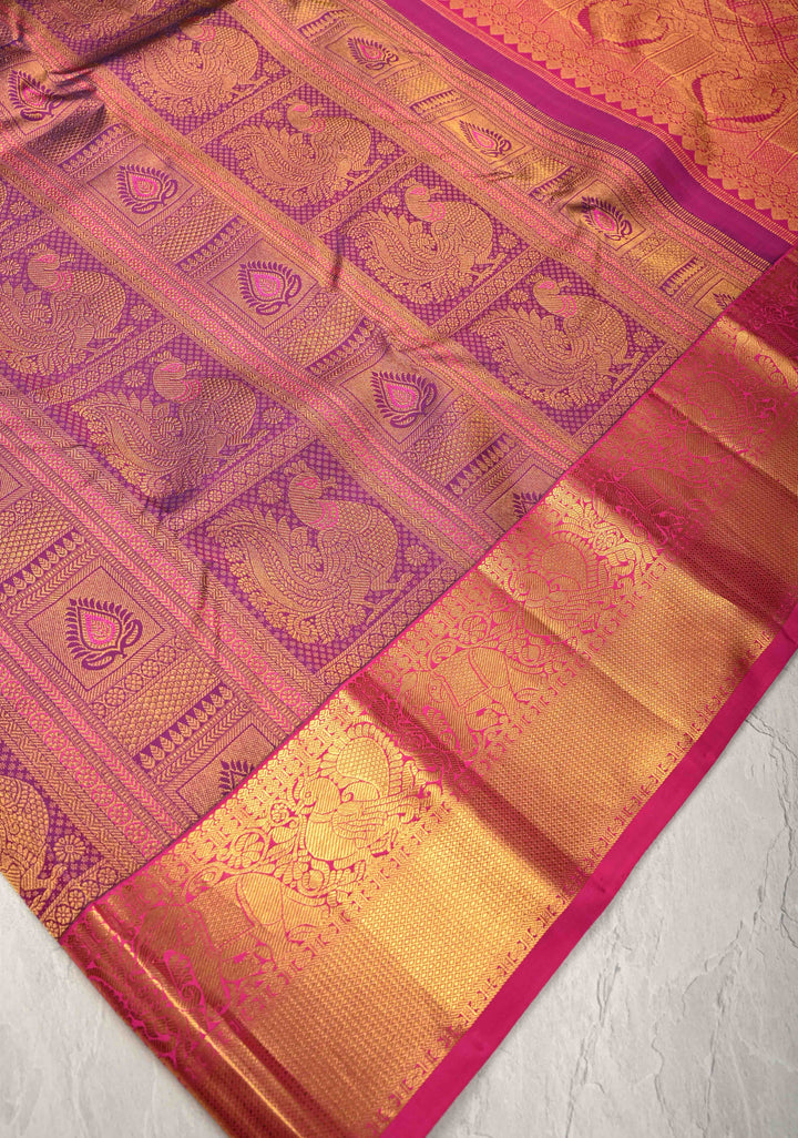 Shades of Purple-Pink Meenakari Patola Design Brocade Kanjivaram Silk saree with Contrast Zari Border | SILK MARK CERTIFIED
