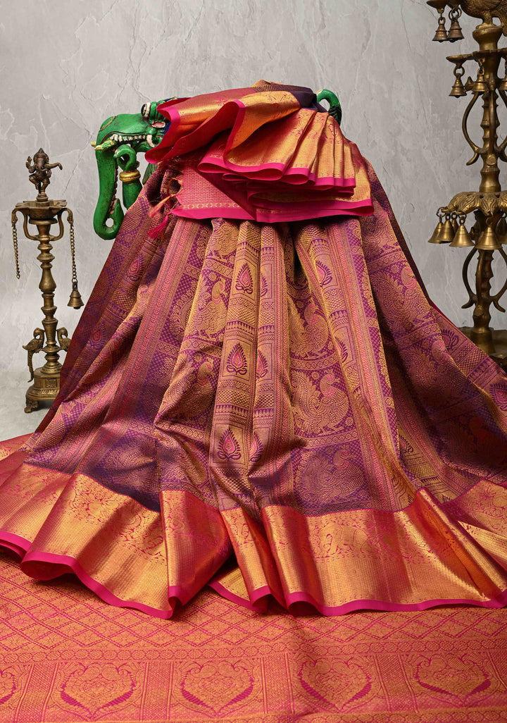 Shades of Purple-Pink Meenakari Patola Design Brocade Kanjivaram Silk saree with Contrast Zari Border | SILK MARK CERTIFIED