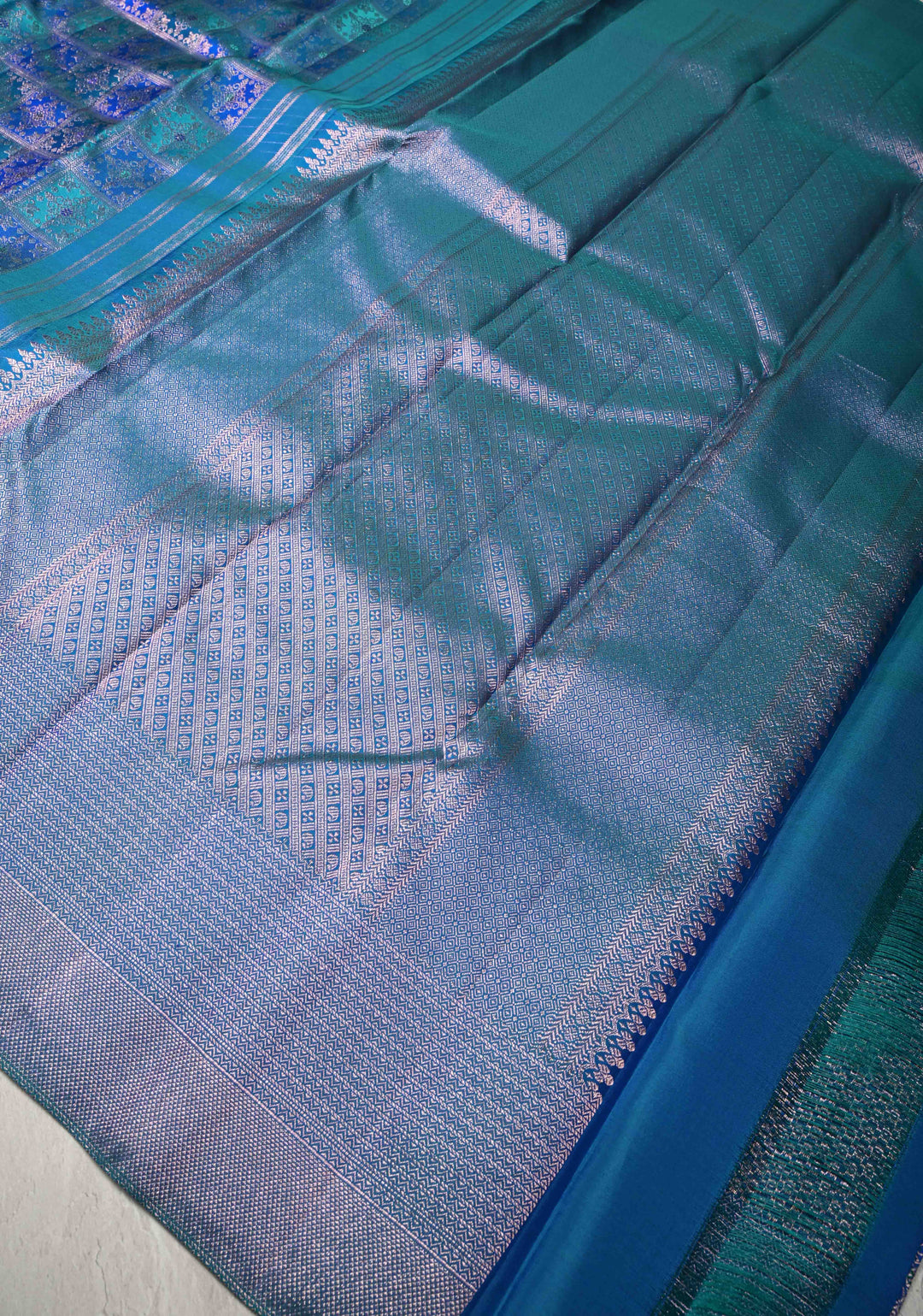 Shades of Blue-Green Meenakari Patola Design Brocade Kanjivaram Silk saree with Zari Border | SILK MARK CERTIFIED