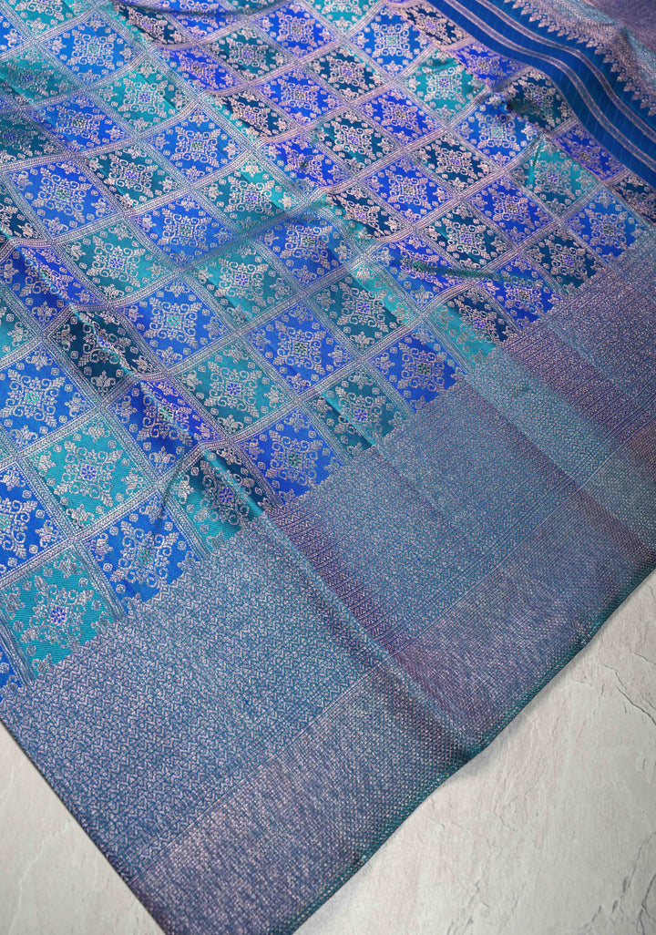 Shades of Blue-Green Meenakari Patola Design Brocade Kanjivaram Silk saree with Zari Border | SILK MARK CERTIFIED