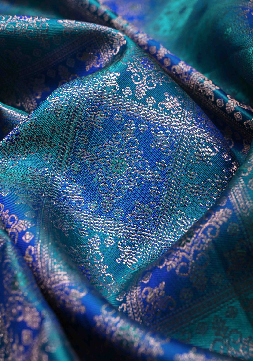 Shades of Blue-Green Meenakari Patola Design Brocade Kanjivaram Silk saree with Zari Border | SILK MARK CERTIFIED