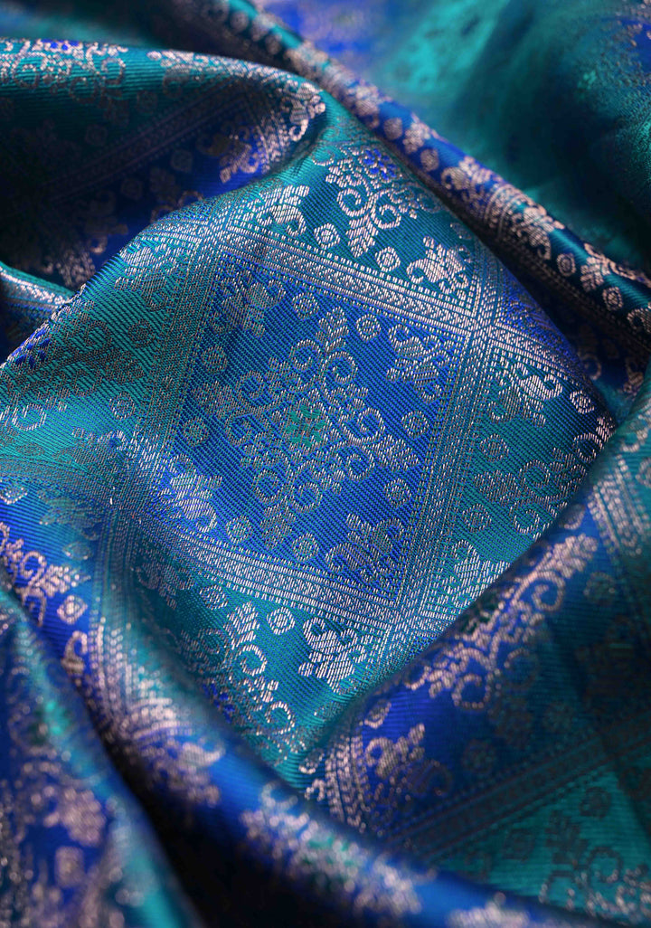 Shades of Blue-Green Meenakari Patola Design Brocade Kanjivaram Silk saree with Zari Border | SILK MARK CERTIFIED