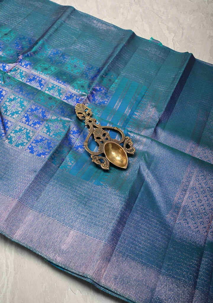 Shades of Blue-Green Meenakari Patola Design Brocade Kanjivaram Silk saree with Zari Border | SILK MARK CERTIFIED
