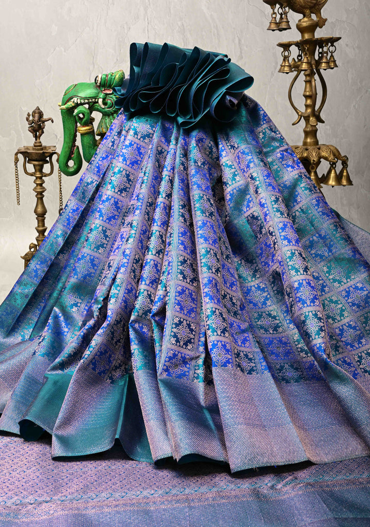 Shades of Blue-Green Meenakari Patola Design Brocade Kanjivaram Silk saree with Zari Border | SILK MARK CERTIFIED