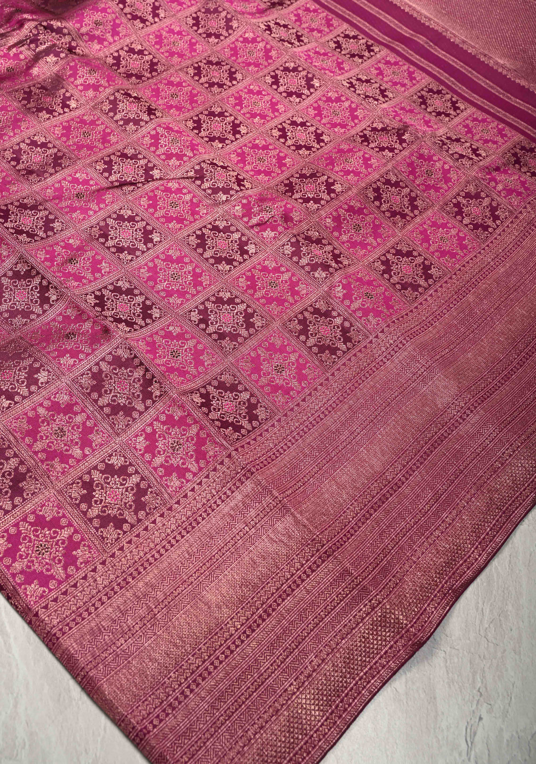 Shades of Pink-Magenta Meenakari Patola Design Brocade Kanjivaram Silk saree with Zari Border | SILK MARK CERTIFIED