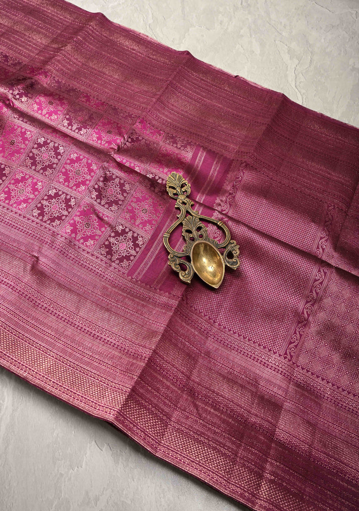 Shades of Pink-Magenta Meenakari Patola Design Brocade Kanjivaram Silk saree with Zari Border | SILK MARK CERTIFIED