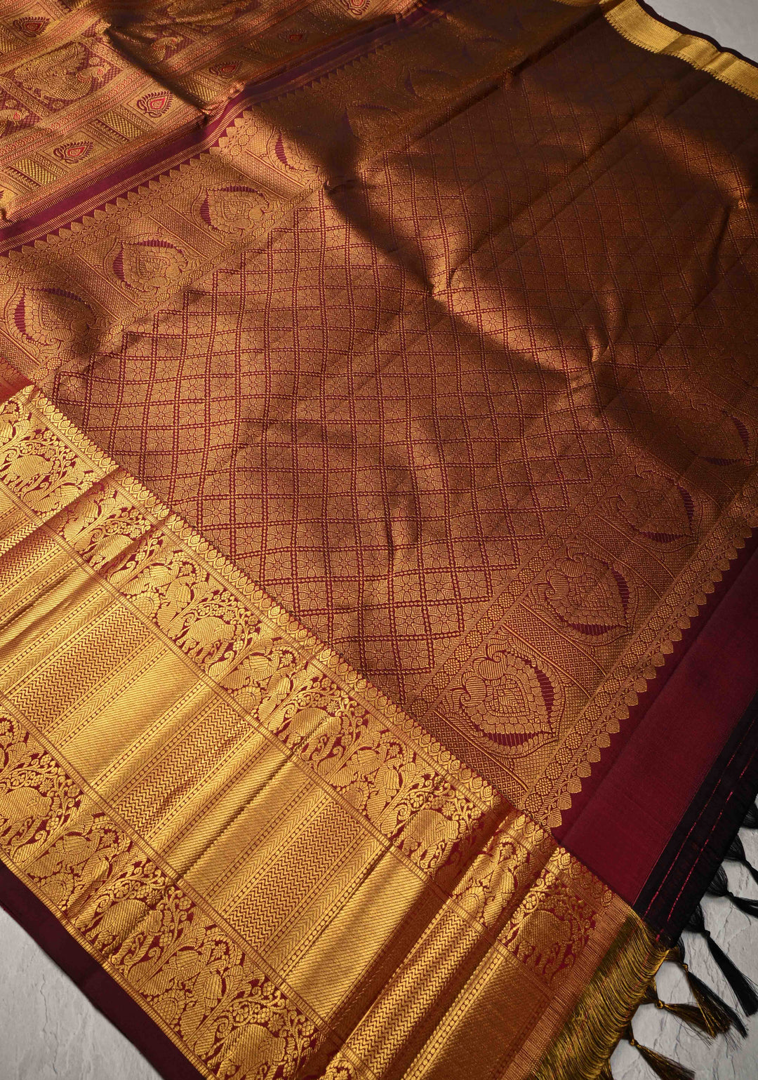 Maroon Meenakari Patola Design Brocade Kanjivaram Silk saree with Wide Zari Border | SILK MARK CERTIFIED