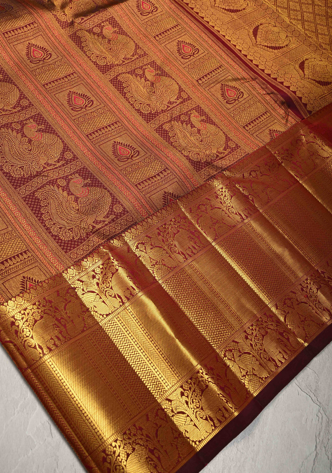 Maroon Meenakari Patola Design Brocade Kanjivaram Silk saree with Wide Zari Border | SILK MARK CERTIFIED