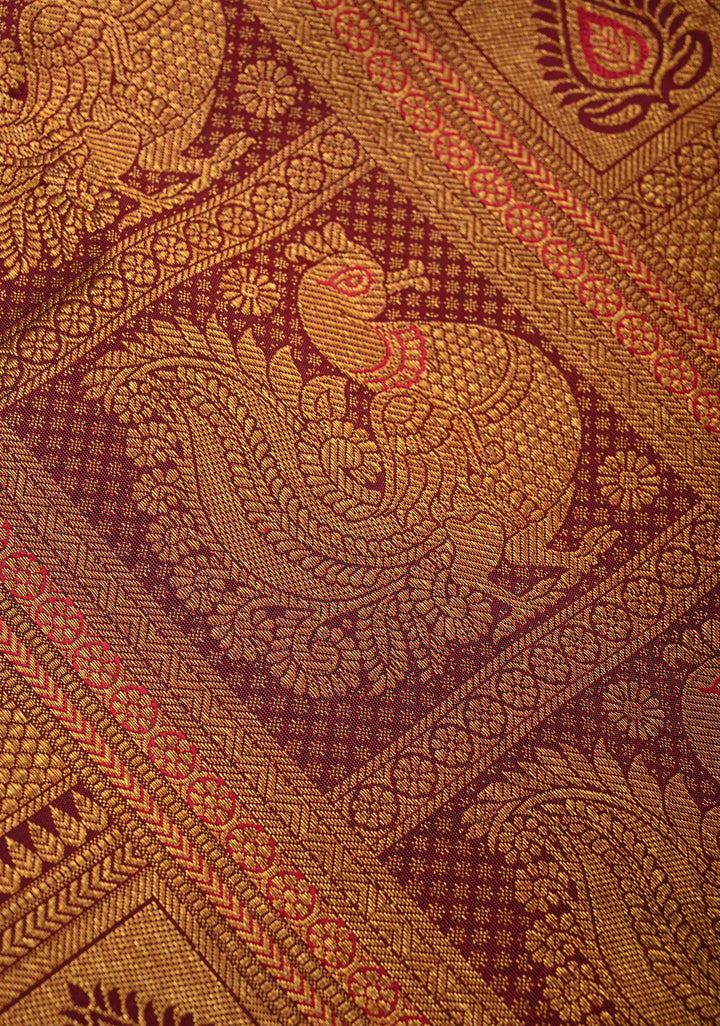 Maroon Meenakari Patola Design Brocade Kanjivaram Silk saree with Wide Zari Border | SILK MARK CERTIFIED