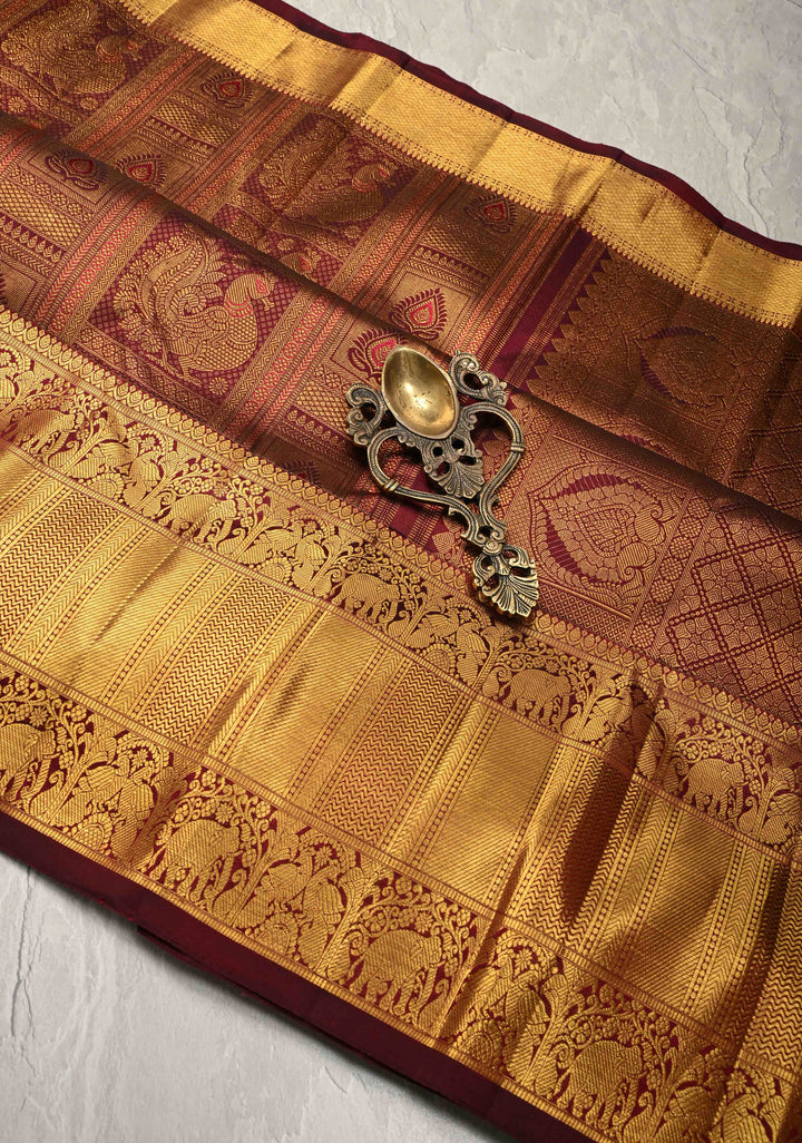Maroon Meenakari Patola Design Brocade Kanjivaram Silk saree with Wide Zari Border | SILK MARK CERTIFIED