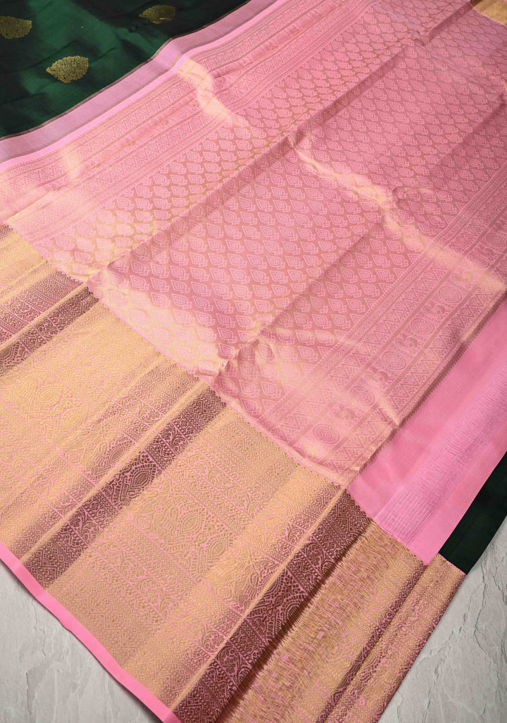 Bottle Green Kanjivaram Pure Silk Saree with Floral Zari Buttas and Contrast Wide Zari Border | SILK MARK CERTIFIED
