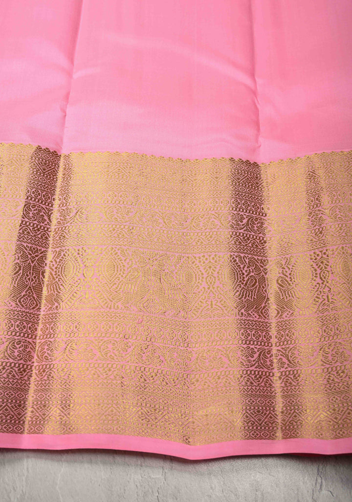 Bottle Green Kanjivaram Pure Silk Saree with Floral Zari Buttas and Contrast Wide Zari Border | SILK MARK CERTIFIED