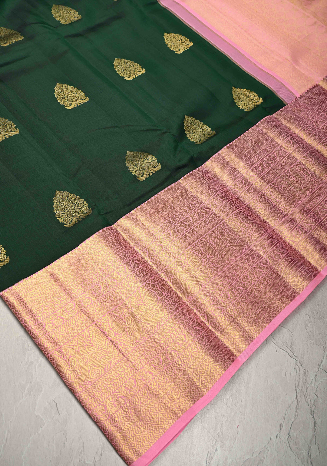 Bottle Green Kanjivaram Pure Silk Saree with Floral Zari Buttas and Contrast Wide Zari Border | SILK MARK CERTIFIED