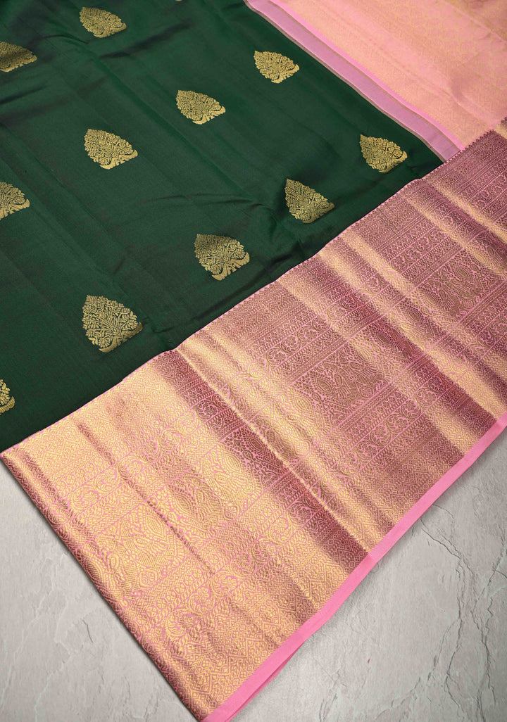 Bottle Green Kanjivaram Pure Silk Saree with Floral Zari Buttas and Contrast Wide Zari Border | SILK MARK CERTIFIED