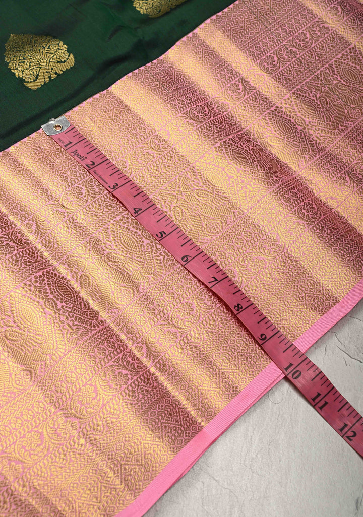 Bottle Green Kanjivaram Pure Silk Saree with Floral Zari Buttas and Contrast Wide Zari Border | SILK MARK CERTIFIED