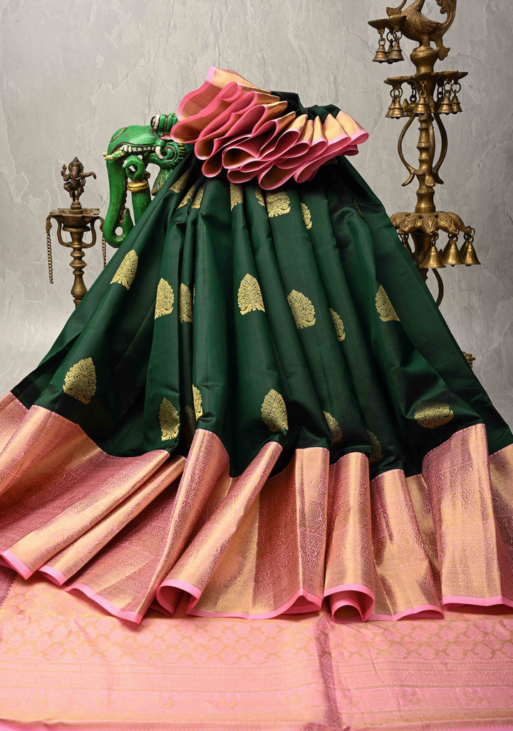 Bottle Green Kanjivaram Pure Silk Saree with Floral Zari Buttas and Contrast Wide Zari Border | SILK MARK CERTIFIED