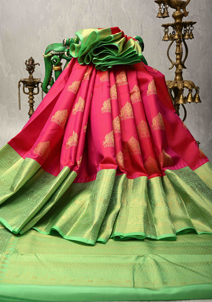 Rani Pink Kanjivaram Pure Silk Saree with Ganda Berunda Zari Buttas and Contrast Wide Zari Border | SILK MARK CERTIFIED