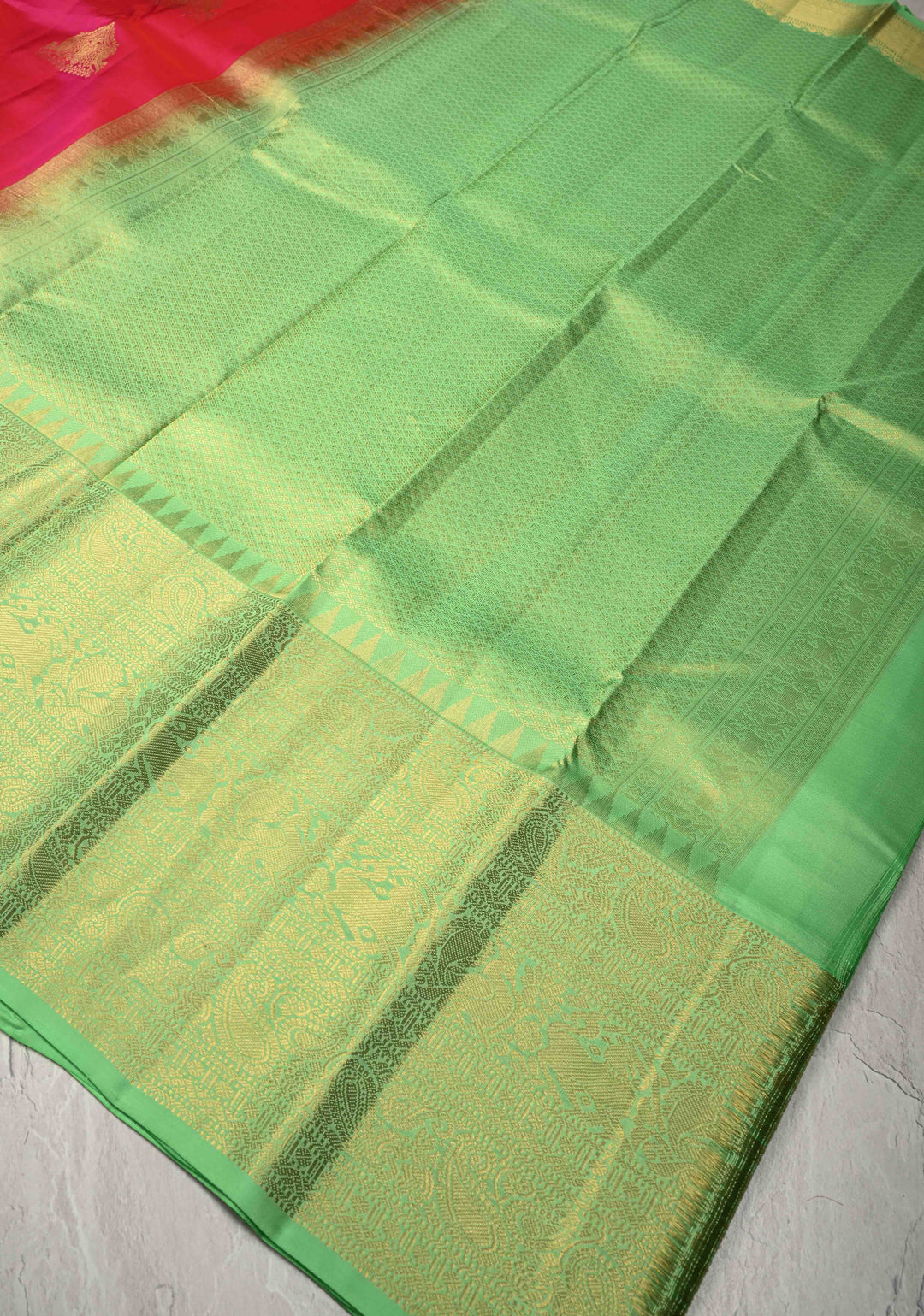 Rani Pink Kanjivaram Pure Silk Saree with Ganda Berunda Zari Buttas and Contrast Wide Zari Border | SILK MARK CERTIFIED