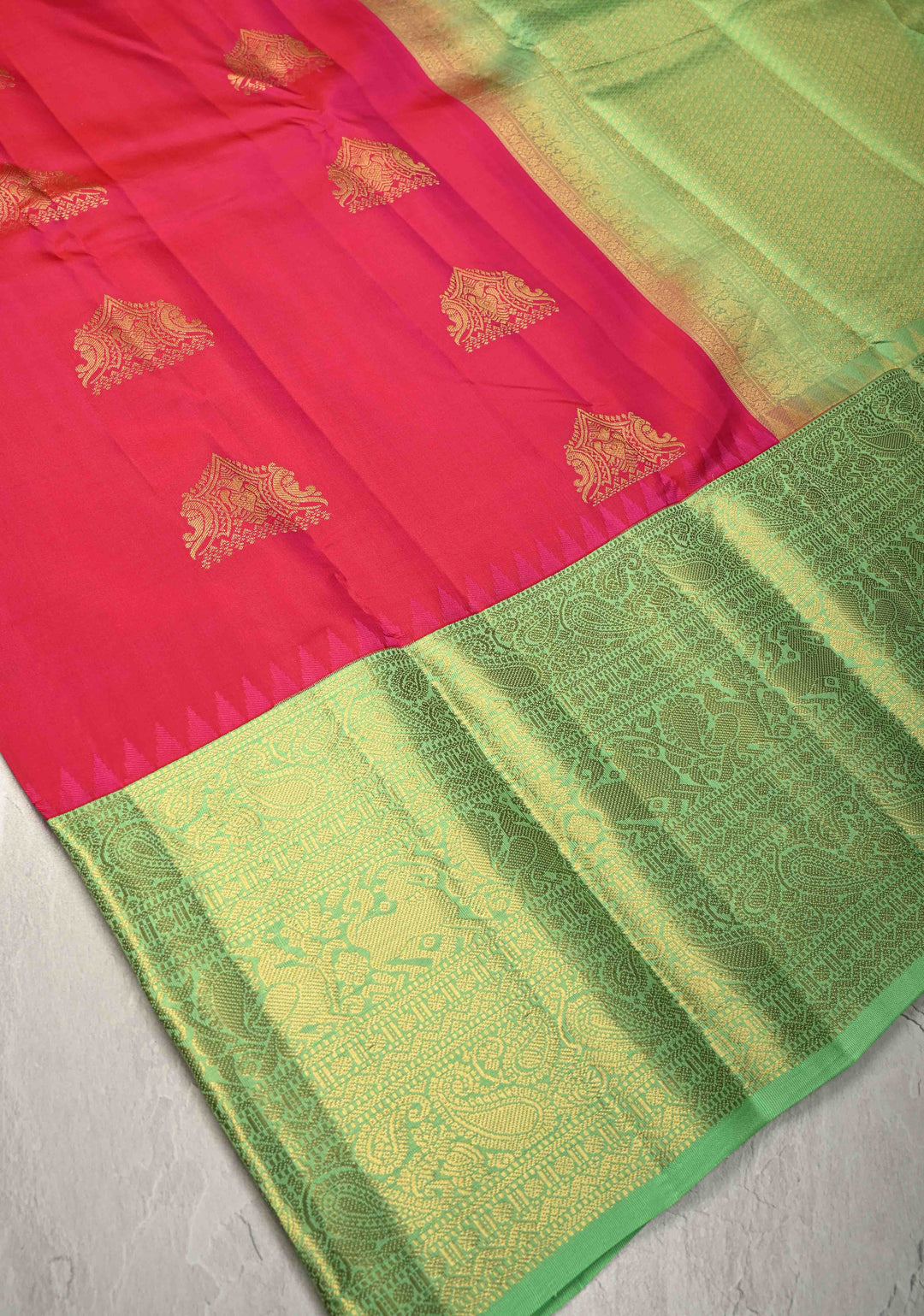 Rani Pink Kanjivaram Pure Silk Saree with Ganda Berunda Zari Buttas and Contrast Wide Zari Border | SILK MARK CERTIFIED