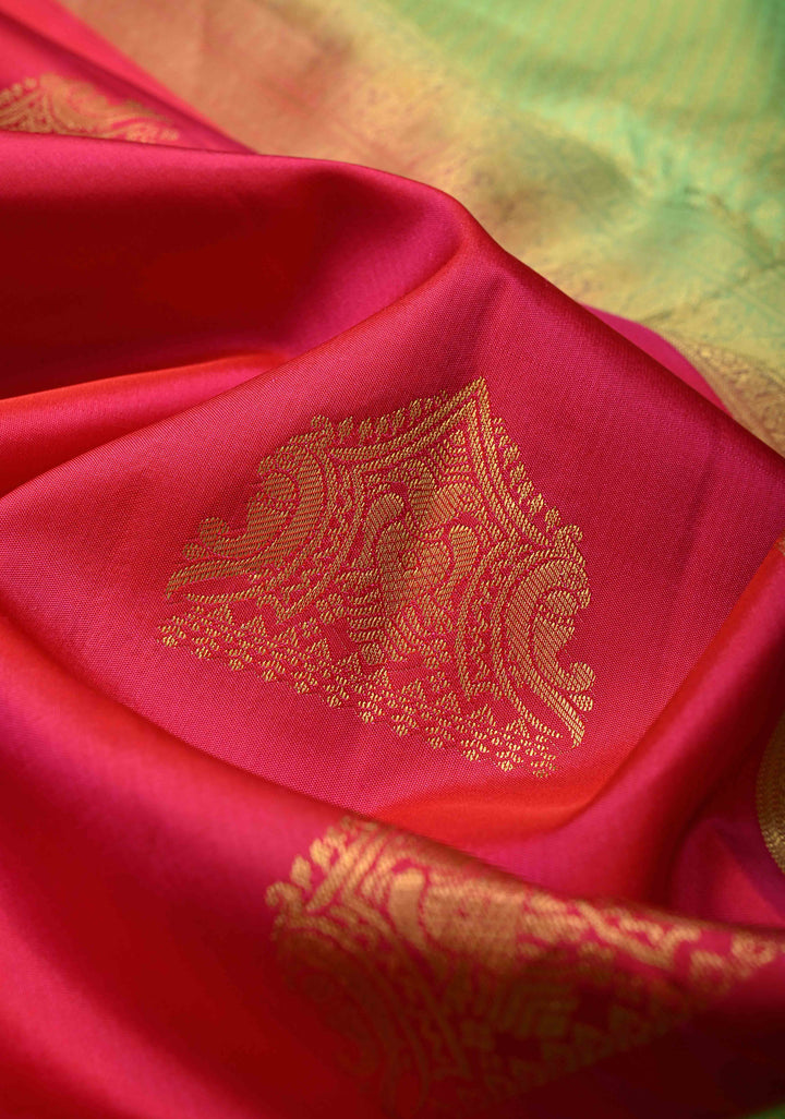 Rani Pink Kanjivaram Pure Silk Saree with Ganda Berunda Zari Buttas and Contrast Wide Zari Border | SILK MARK CERTIFIED