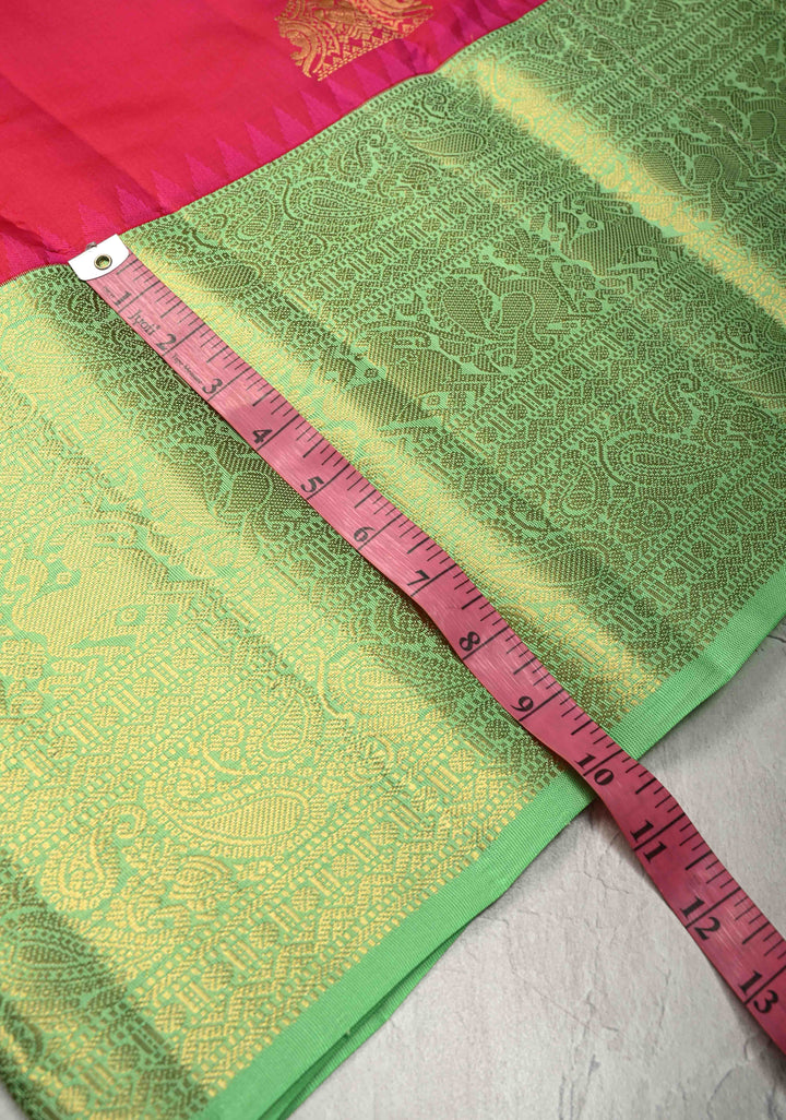 Rani Pink Kanjivaram Pure Silk Saree with Ganda Berunda Zari Buttas and Contrast Wide Zari Border | SILK MARK CERTIFIED