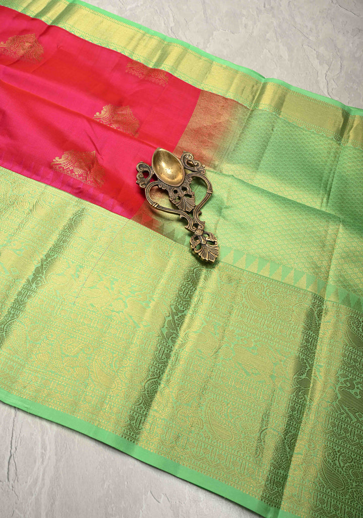 Rani Pink Kanjivaram Pure Silk Saree with Ganda Berunda Zari Buttas and Contrast Wide Zari Border | SILK MARK CERTIFIED