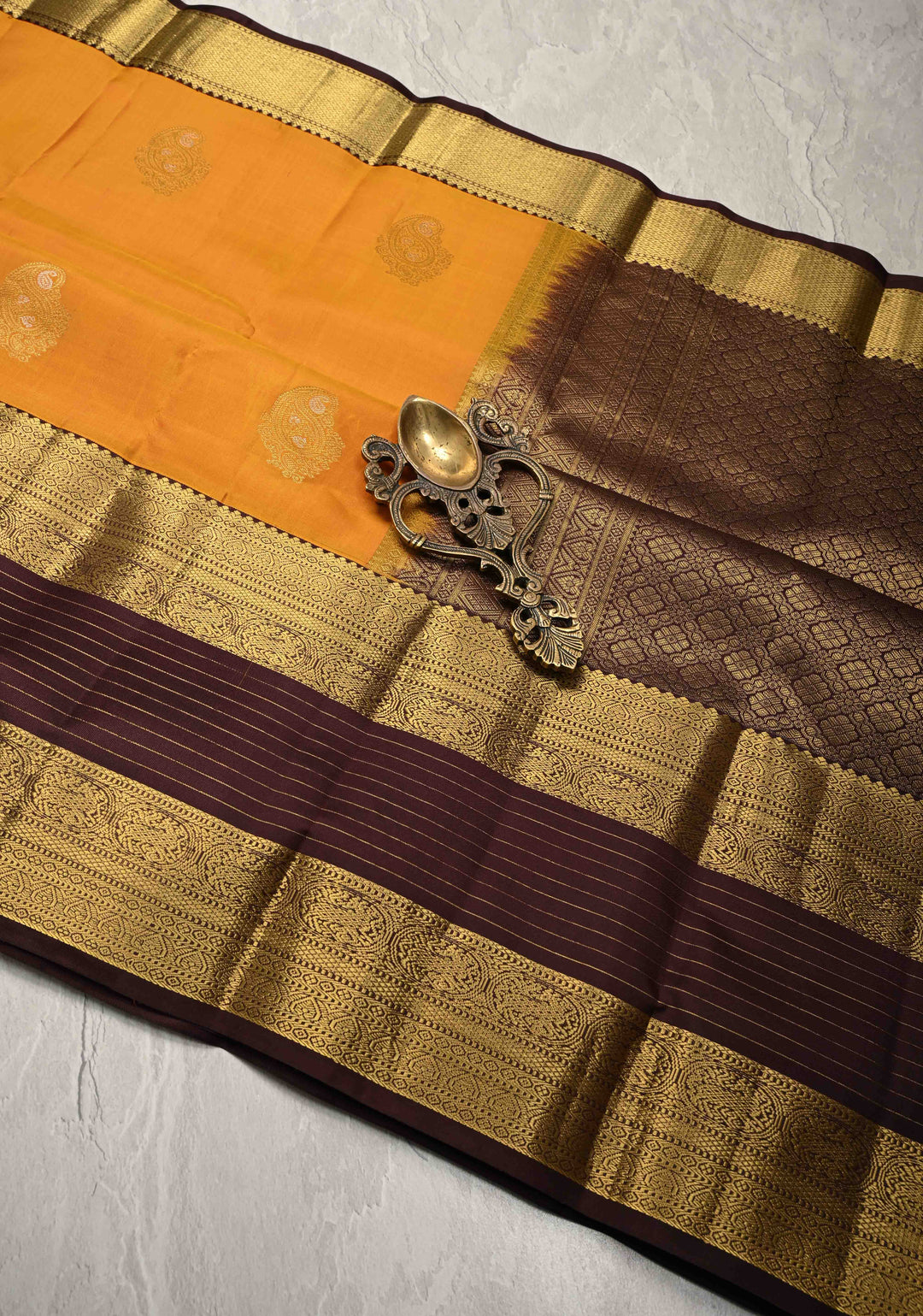 Yellow mustard Kanjivaram Pure Silk Saree with Meenakari Zari Buttas and Contrast Wide Zari Border | SILK MARK CERTIFIED