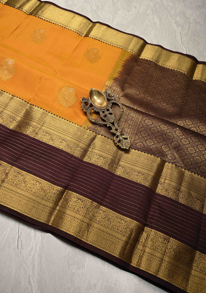 Yellow mustard Kanjivaram Pure Silk Saree with Meenakari Zari Buttas and Contrast Wide Zari Border | SILK MARK CERTIFIED