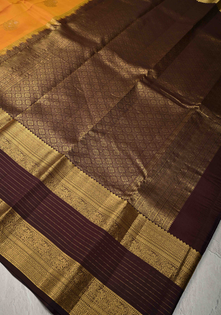 Yellow mustard Kanjivaram Pure Silk Saree with Meenakari Zari Buttas and Contrast Wide Zari Border | SILK MARK CERTIFIED