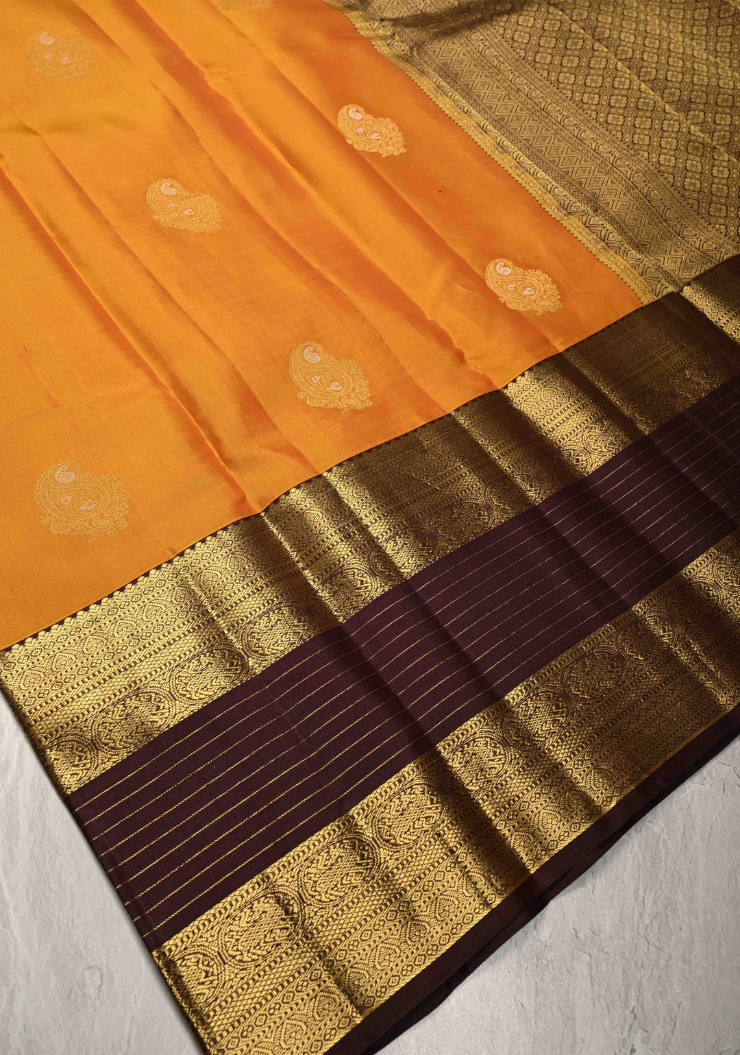 Yellow mustard Kanjivaram Pure Silk Saree with Meenakari Zari Buttas and Contrast Wide Zari Border | SILK MARK CERTIFIED