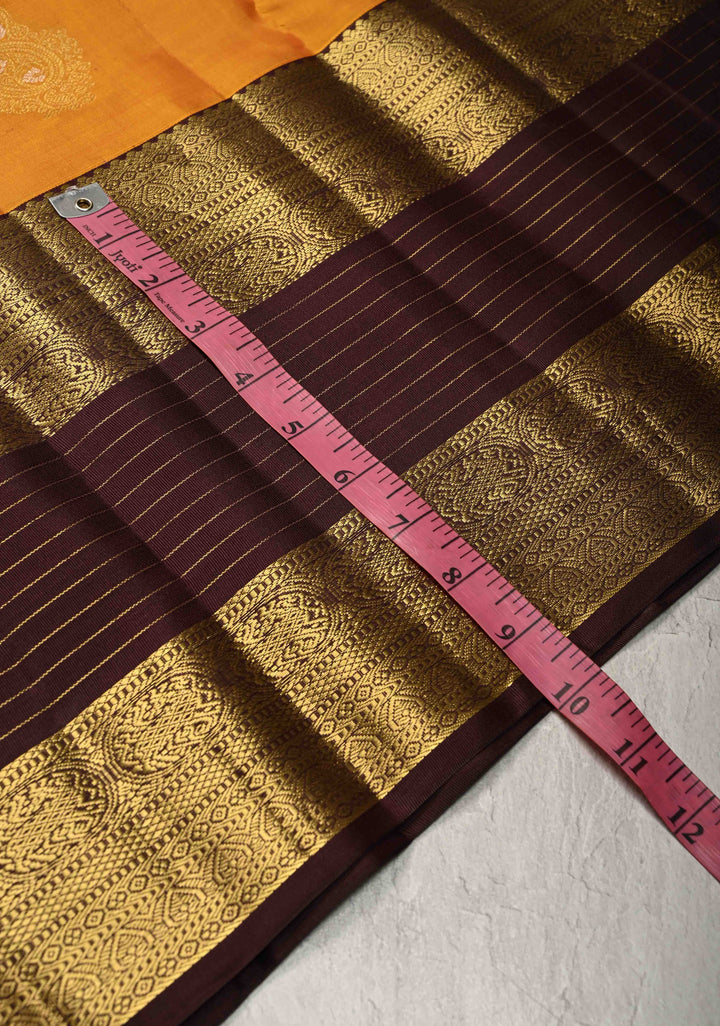 Yellow mustard Kanjivaram Pure Silk Saree with Meenakari Zari Buttas and Contrast Wide Zari Border | SILK MARK CERTIFIED