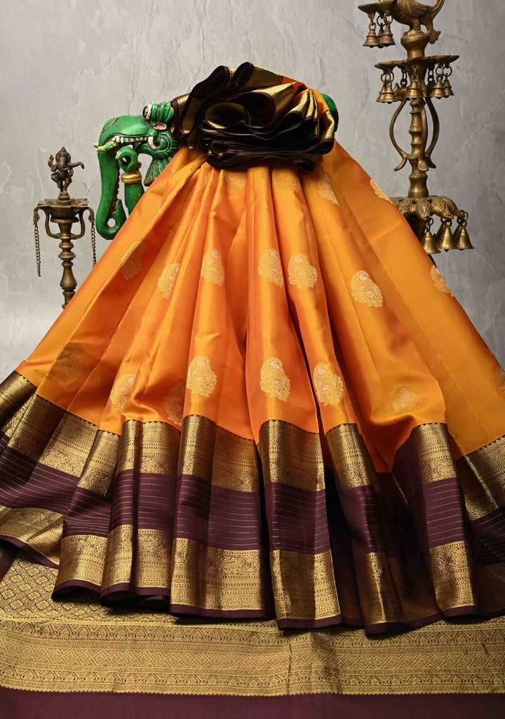 Yellow mustard Kanjivaram Pure Silk Saree with Meenakari Zari Buttas and Contrast Wide Zari Border | SILK MARK CERTIFIED