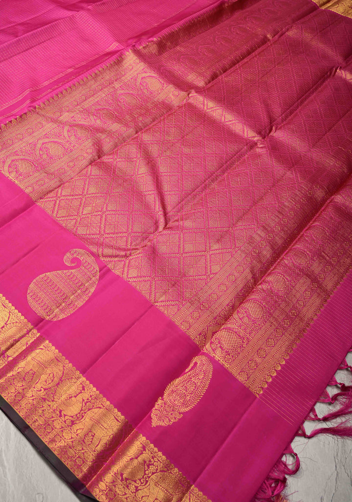Magenta Podi Kattam Zari Checks on Kanjivaram Pure Silk Saree with Yaali  Distinct Motifs on Zari Border | SILK MARK CERTIFIED