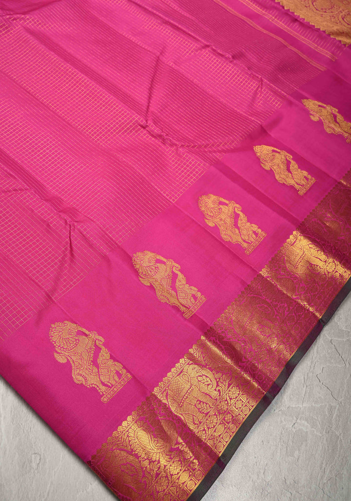 Magenta Podi Kattam Zari Checks on Kanjivaram Pure Silk Saree with Yaali  Distinct Motifs on Zari Border | SILK MARK CERTIFIED
