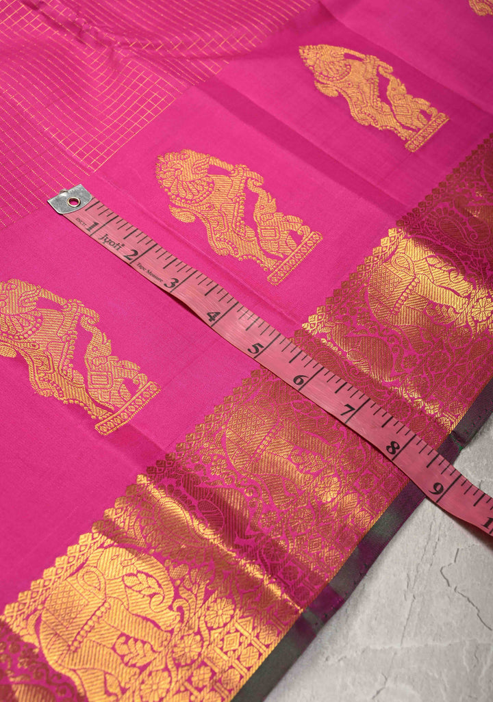 Magenta Podi Kattam Zari Checks on Kanjivaram Pure Silk Saree with Yaali  Distinct Motifs on Zari Border | SILK MARK CERTIFIED