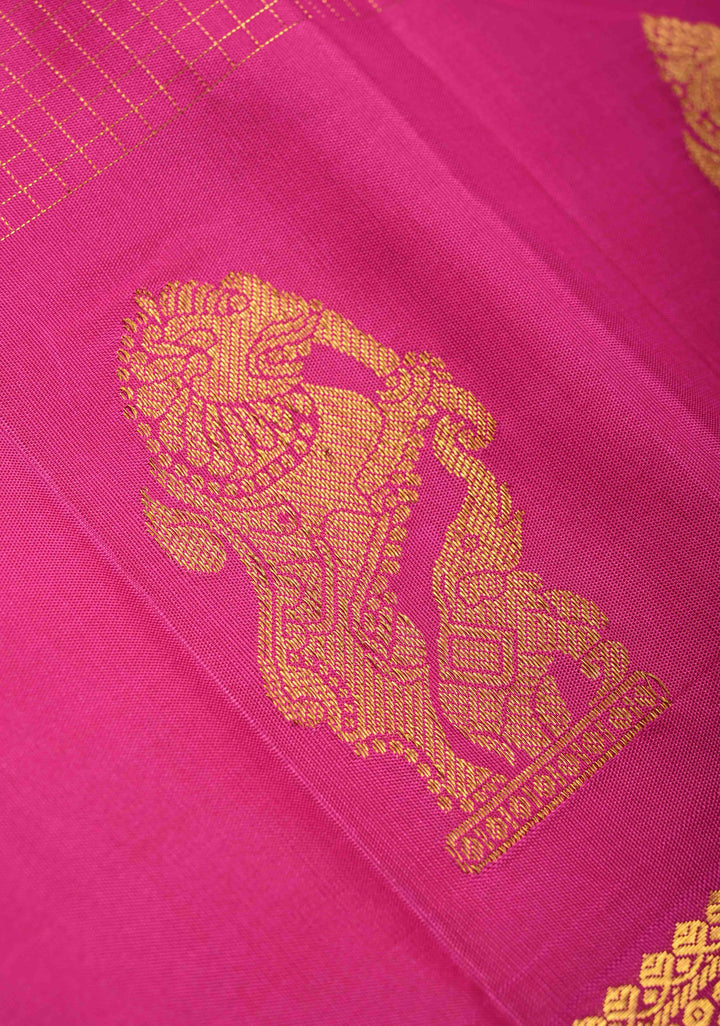 Magenta Podi Kattam Zari Checks on Kanjivaram Pure Silk Saree with Yaali  Distinct Motifs on Zari Border | SILK MARK CERTIFIED