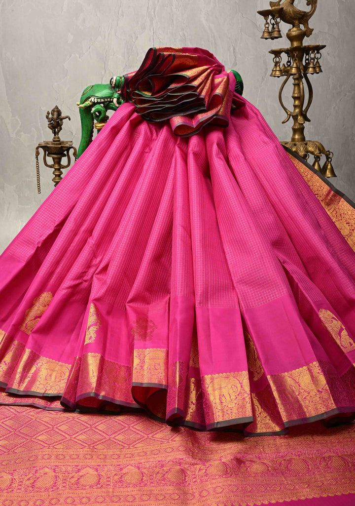 Magenta Podi Kattam Zari Checks on Kanjivaram Pure Silk Saree with Yaali  Distinct Motifs on Zari Border | SILK MARK CERTIFIED