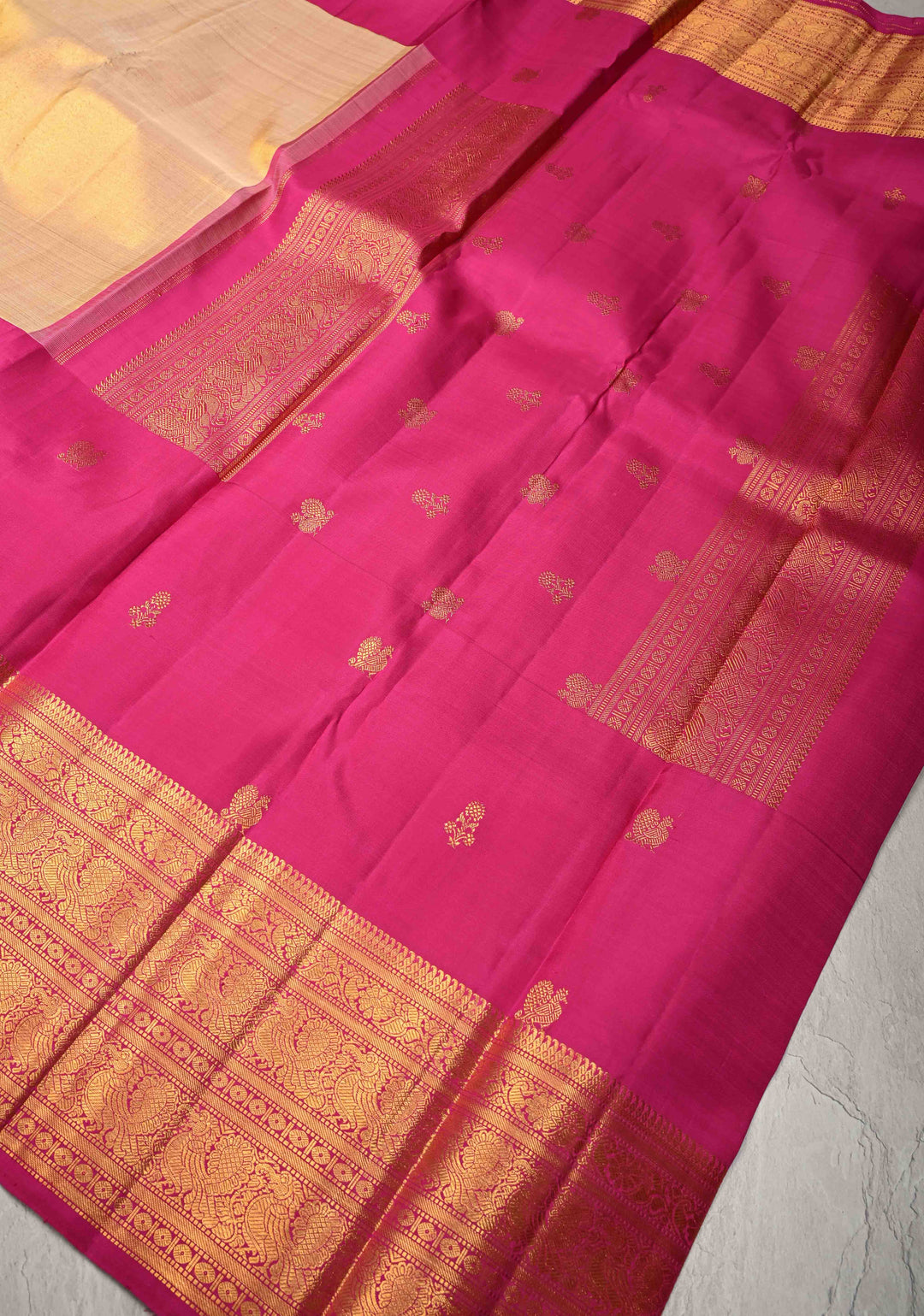 Gold -Pink Tissue  Kanjivaram Pure Silk Saree with Distinct Motifs on Half Zari Border | SILK MARK CERTIFIED