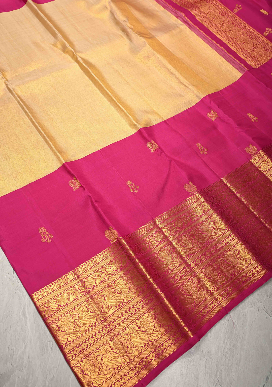 Gold -Pink Tissue  Kanjivaram Pure Silk Saree with Distinct Motifs on Half Zari Border | SILK MARK CERTIFIED