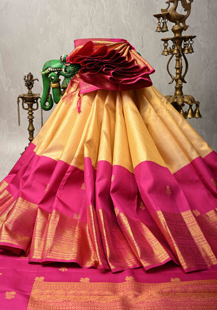 Gold -Pink Tissue  Kanjivaram Pure Silk Saree with Distinct Motifs on Half Zari Border | SILK MARK CERTIFIED