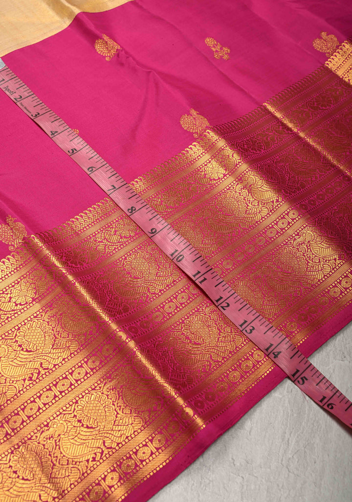 Gold -Pink Tissue  Kanjivaram Pure Silk Saree with Distinct Motifs on Half Zari Border | SILK MARK CERTIFIED