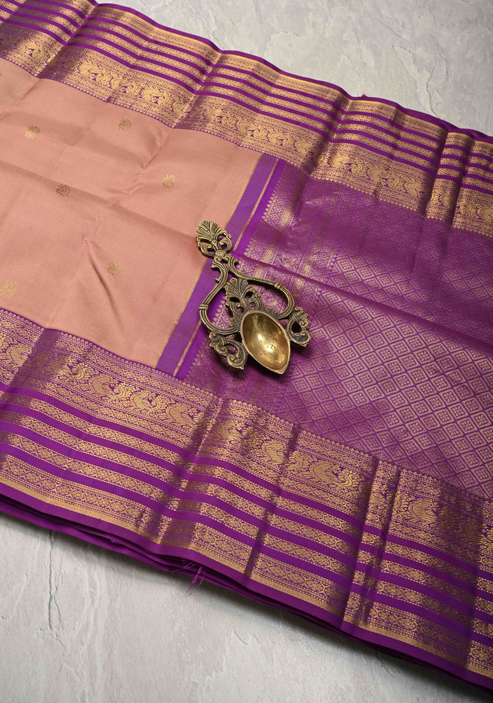 Sandstone Kanjivaram Pure Silk Saree with Peacock Zari Buttas and Contrast Zari Border | SILK MARK CERTIFIED